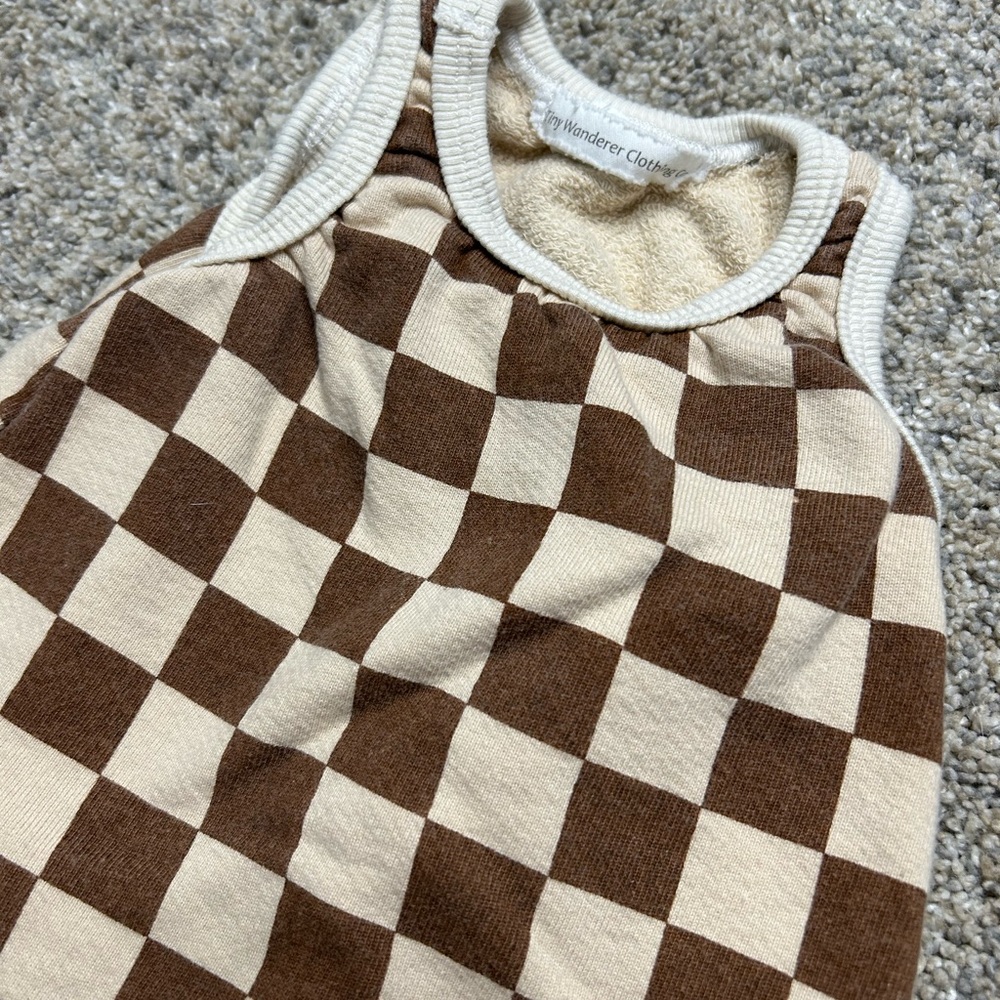 Tiny Wanderer Brown Checkerboard Baby Sleep Sack – Size 12–18M